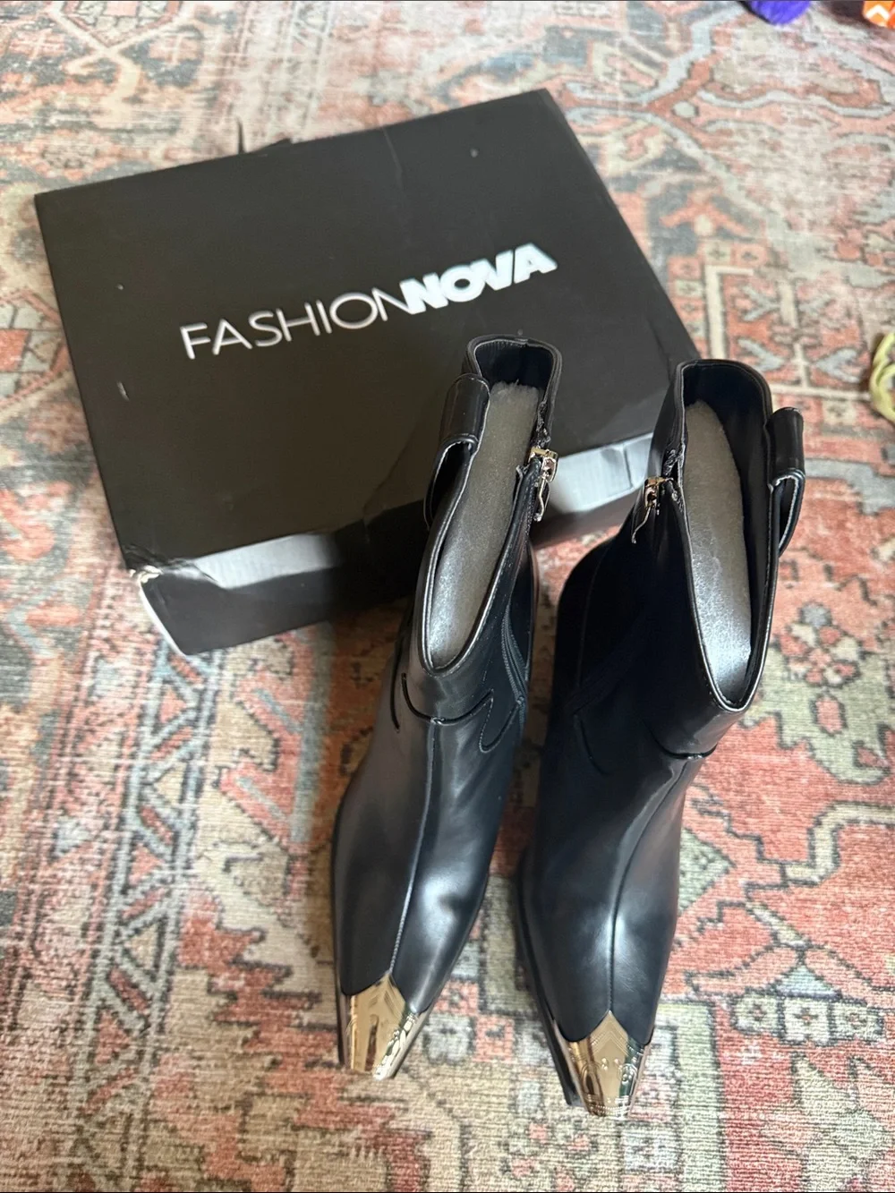 Fashion Nova Black Ankle Booties with Silver Toe Caps